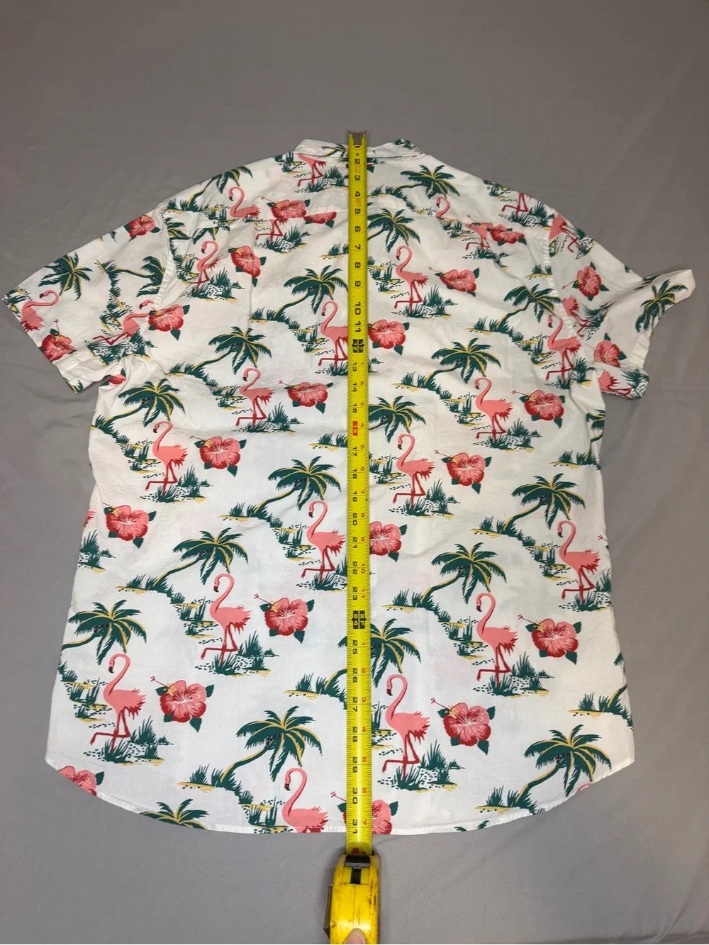 J. Crew White Short-Sleeve Shirt with Pink Flamingo & Green Palm Print